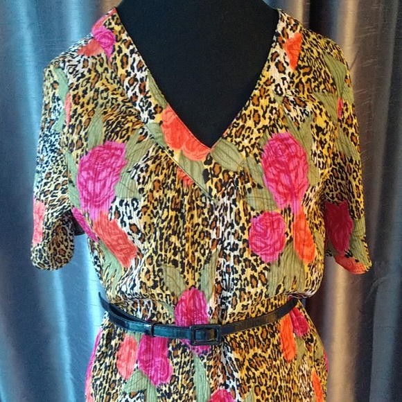 Vintage Dresses & Skirts - Vtg Haband! Leopard & Floral Ruffle Dress Pin-Up L